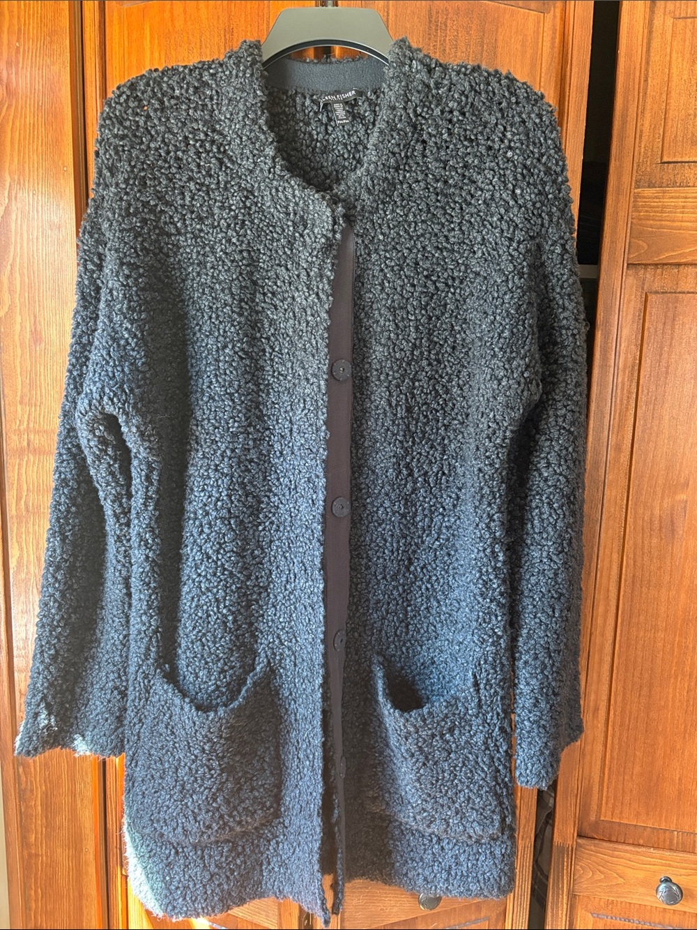 Eileen Fisher Black Bouclé Button-Front Cardigan